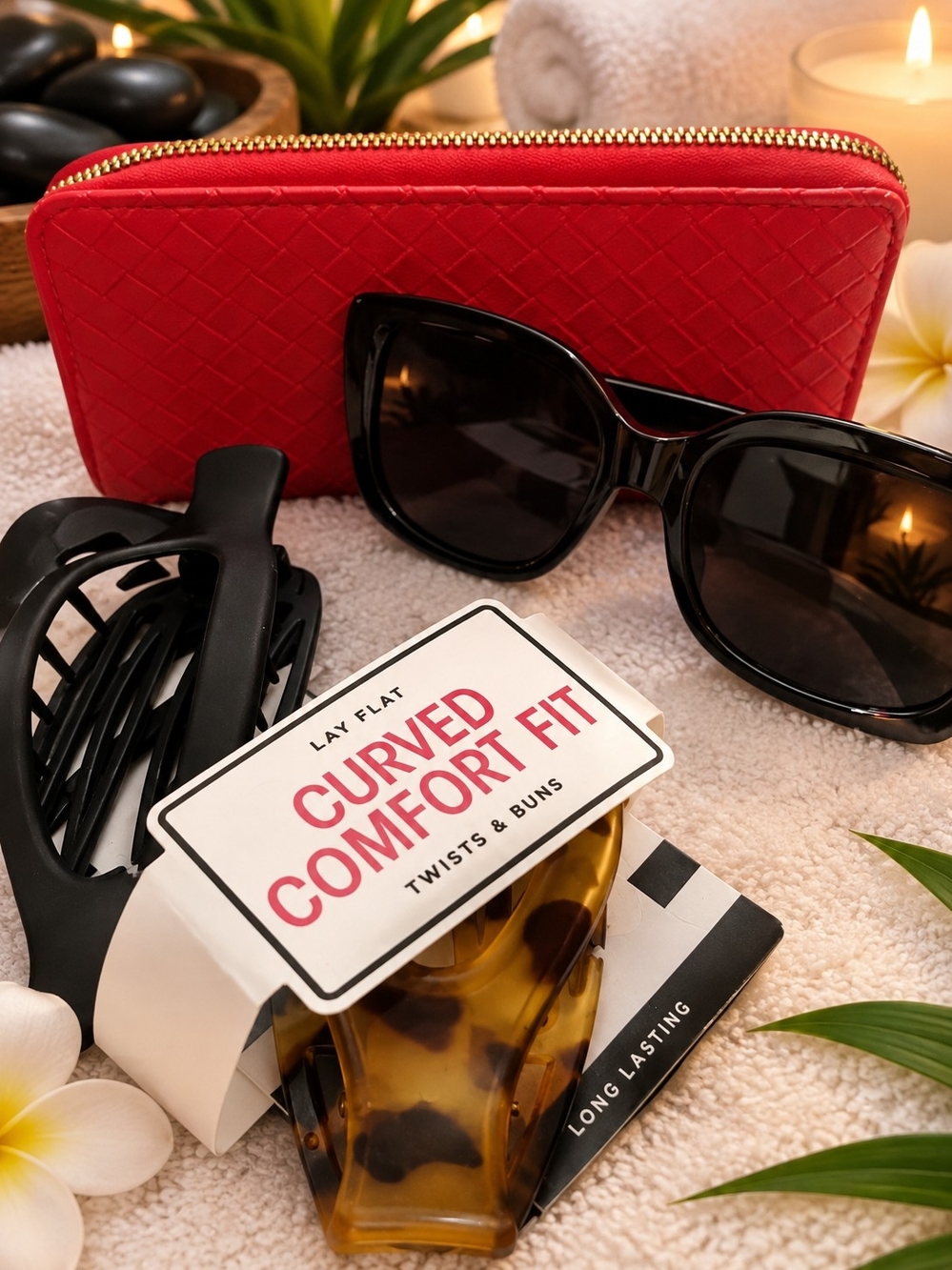 Red Quilted Zip Clutch Wallet - Women's Accessories Sunglasses - Hair Clips- Set